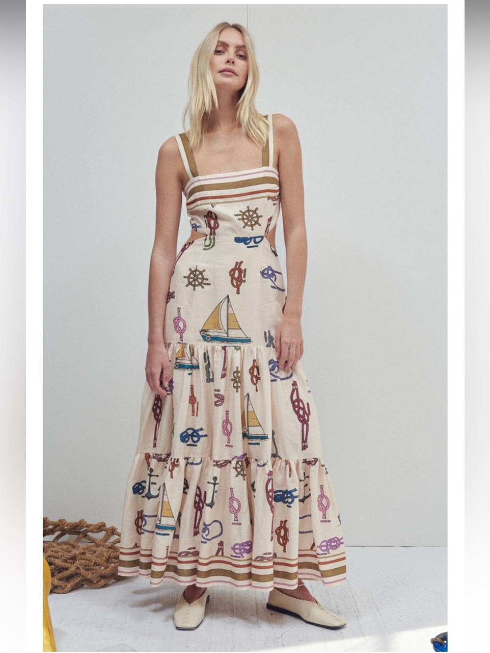 ALÉMAIS Ships Ahoy Printed Ramie Midi Dress - Picture 2 of 10